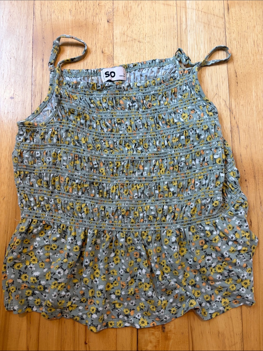 SO Sage Green Floral Smocked Tank with Yellow Accents